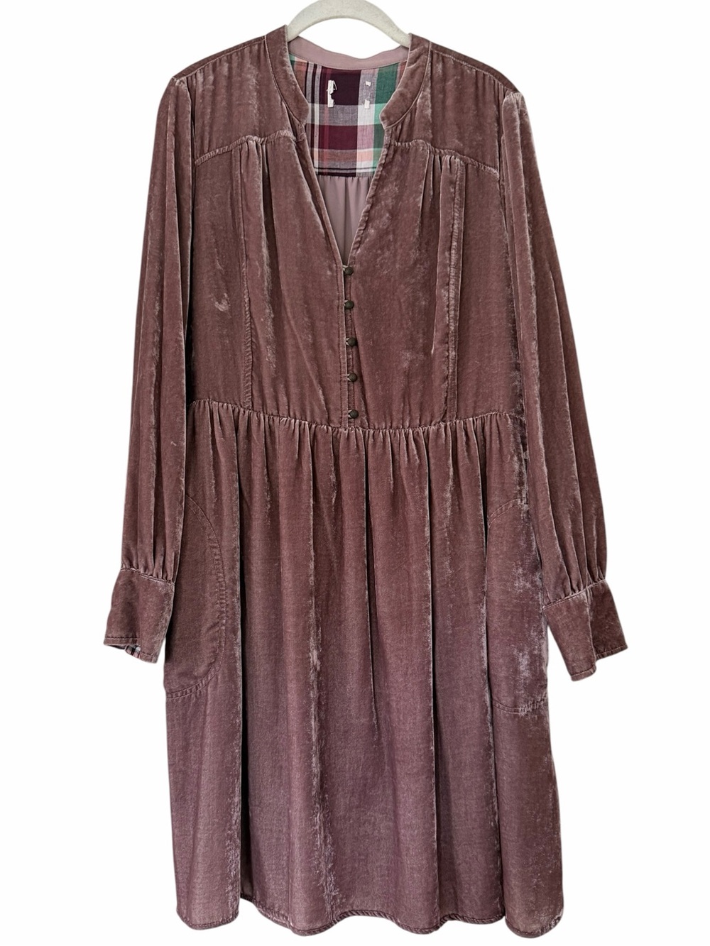 Mauve Velvet Button-Front Long Sleeve Dress